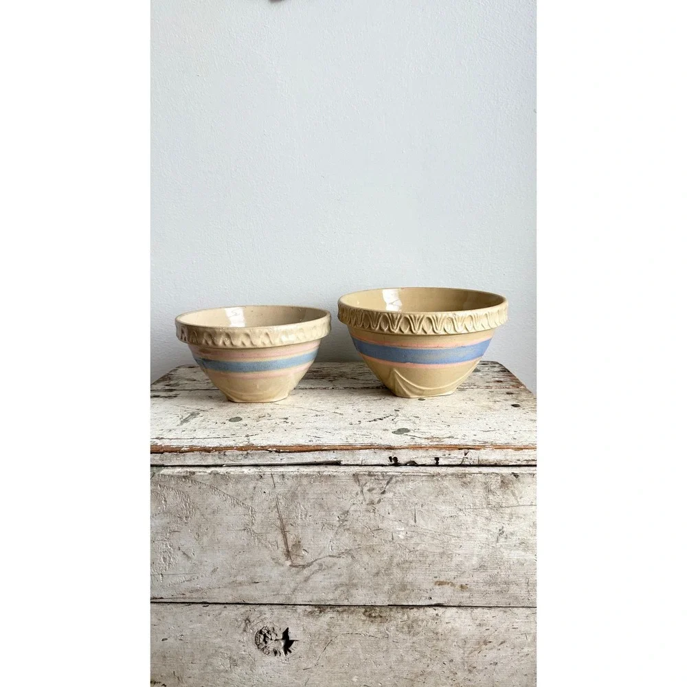 Vintage USA Yellowware Mixing Bowl Set Pastel Blue Pink Stripes 2pc